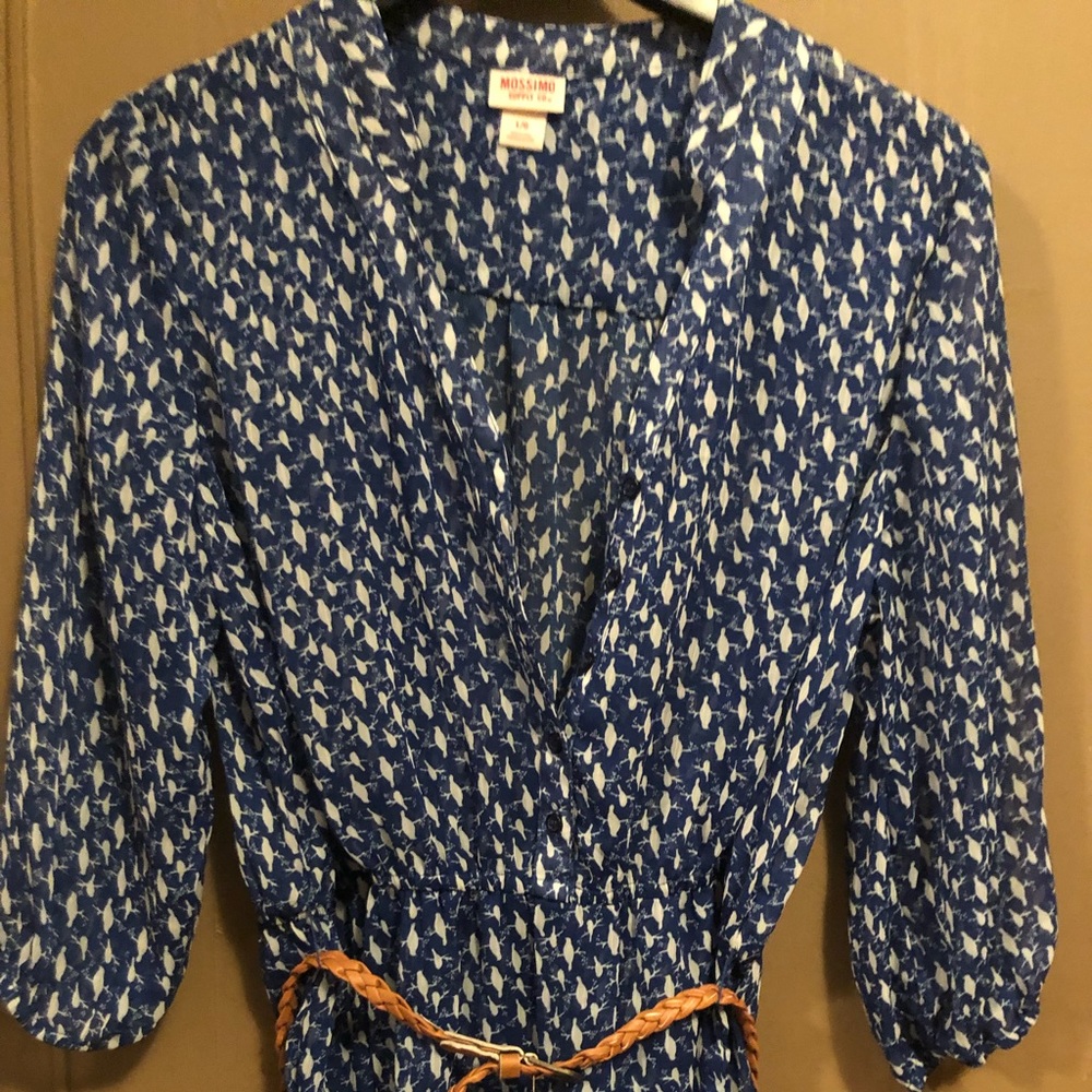 Mini birds graphic sheer blouse with belt